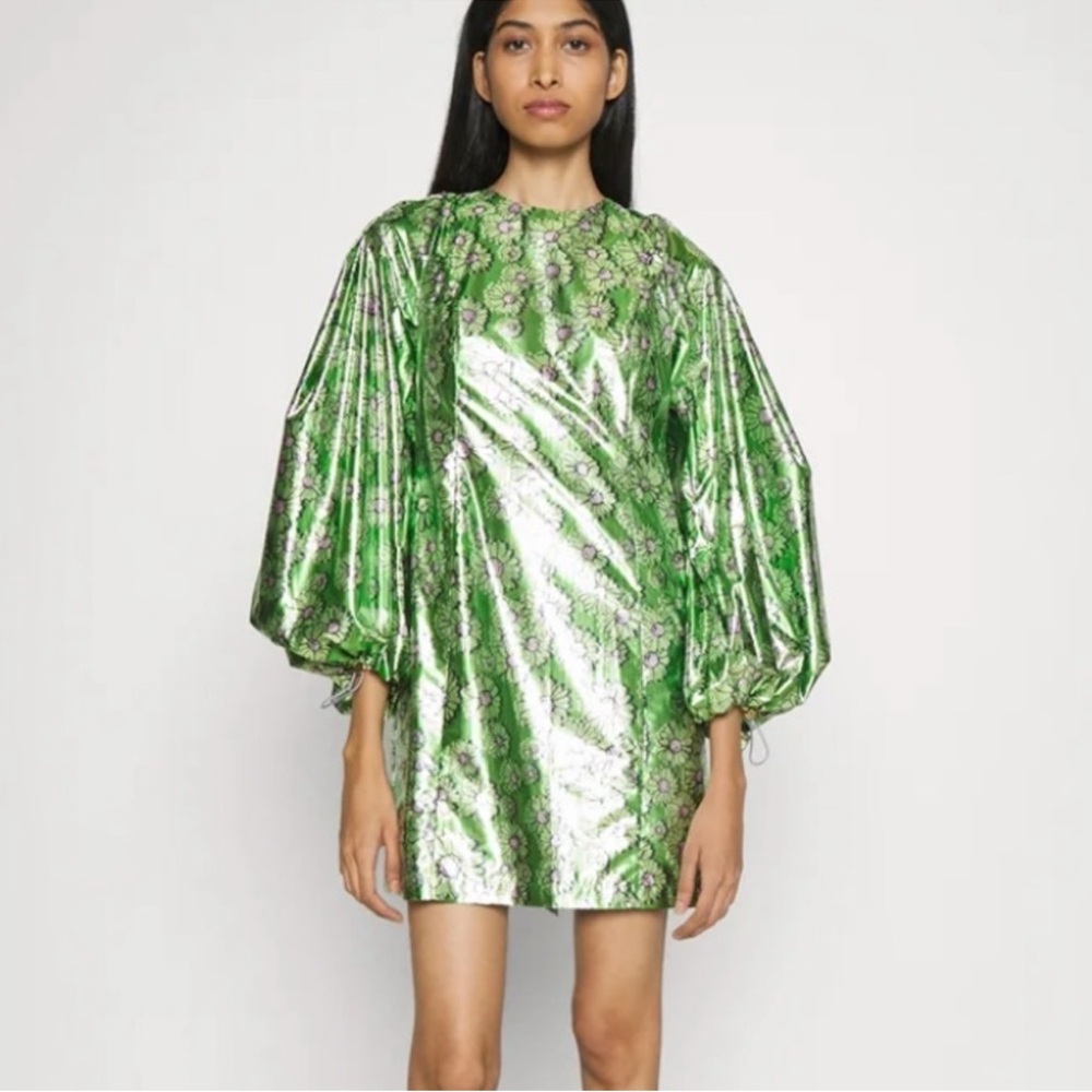 Shimmering Green Metallic Balloon-Sleeve Mini Dress